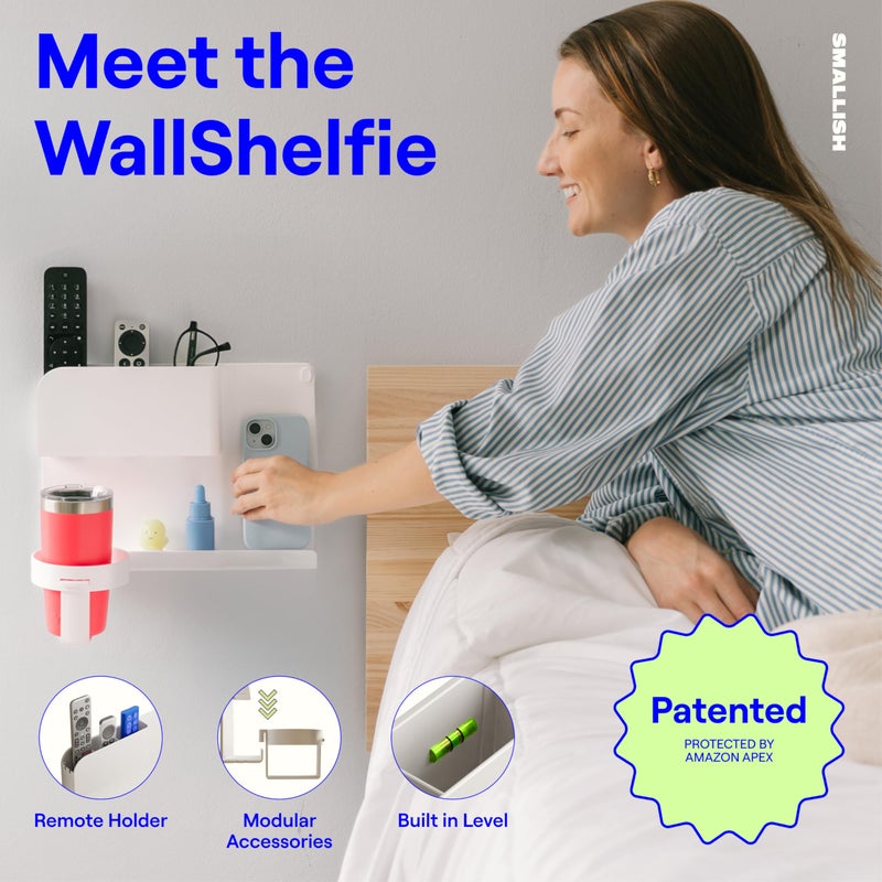 WallShelfie منظم حائط بجانب السرير، أرفف عائمة بجانب السرير، ملحقات أساسية للتركيب على الحائط لديكور الغرفة، منظم مكياج، حامل للتحكم عن بعد، أبيض - Image 2